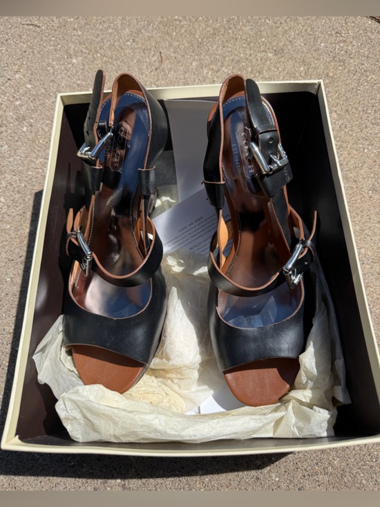 Coach Shoes - Coach Black Leather Open-Toe Buckle Wedge Heel Sandals with Brown Insole